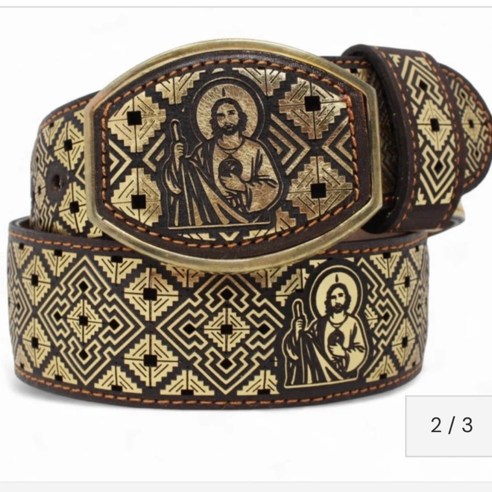Men's Religious Patterned Belt - Gold and Brown